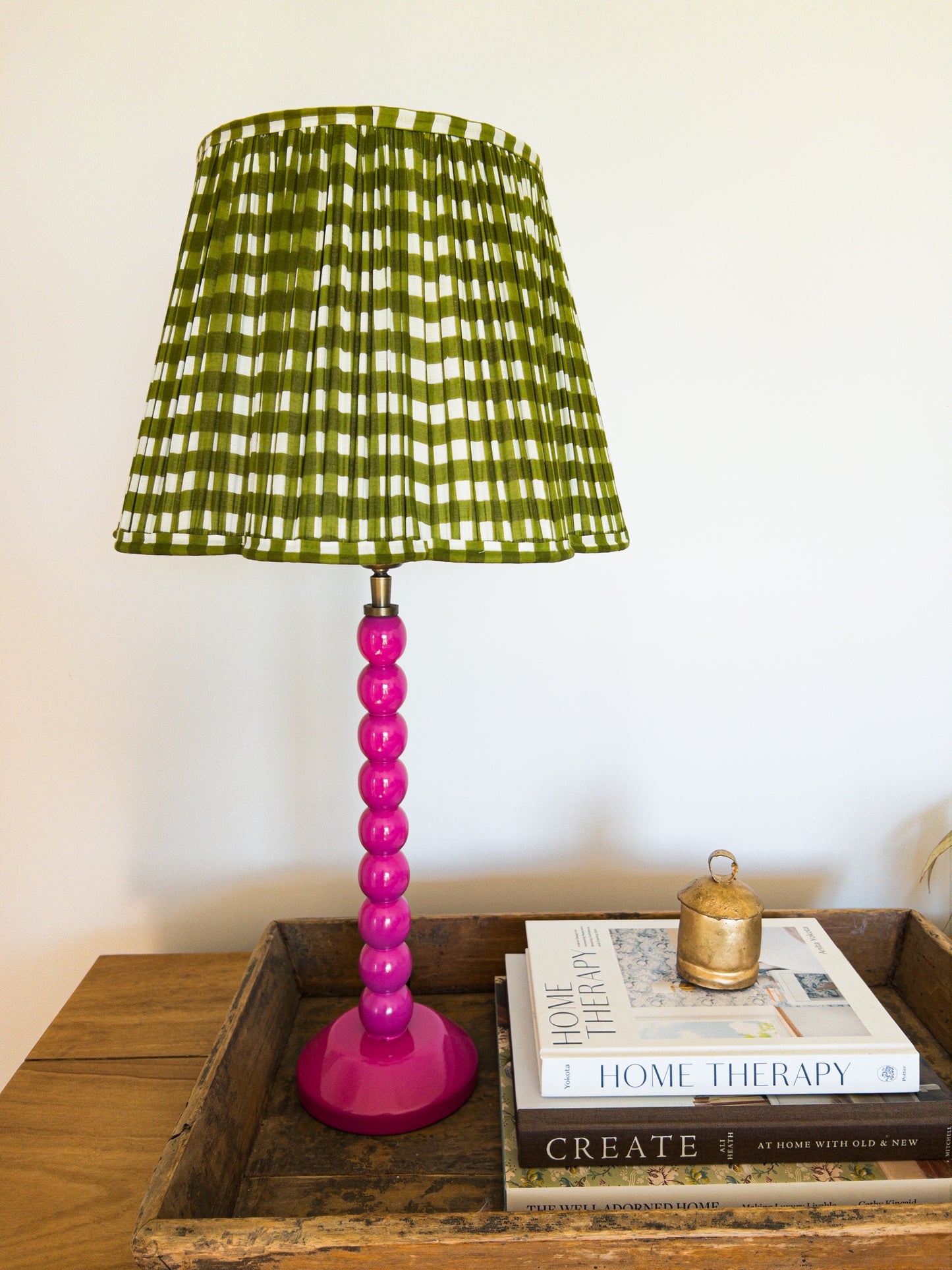 SALE Olive Gingham Block Printed Pleated Lampshade