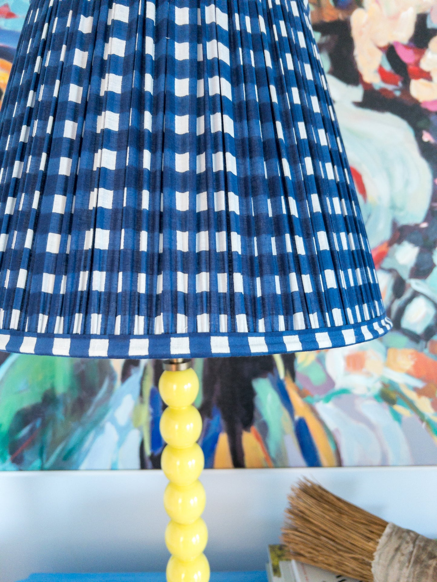 SALE Navy Gingham Block Printed Pleated Lampshade