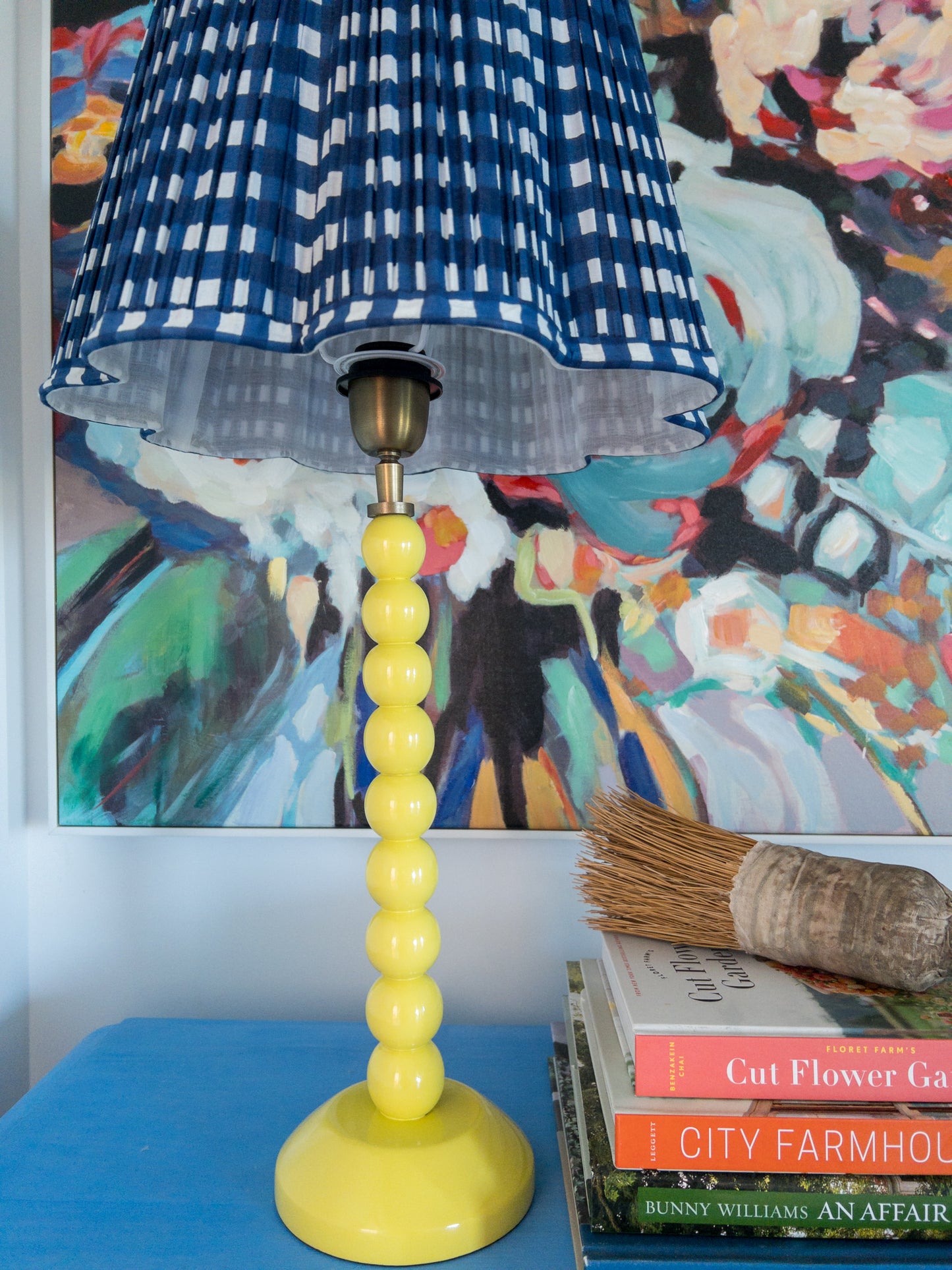 SALE Navy Gingham Block Printed Pleated Lampshade