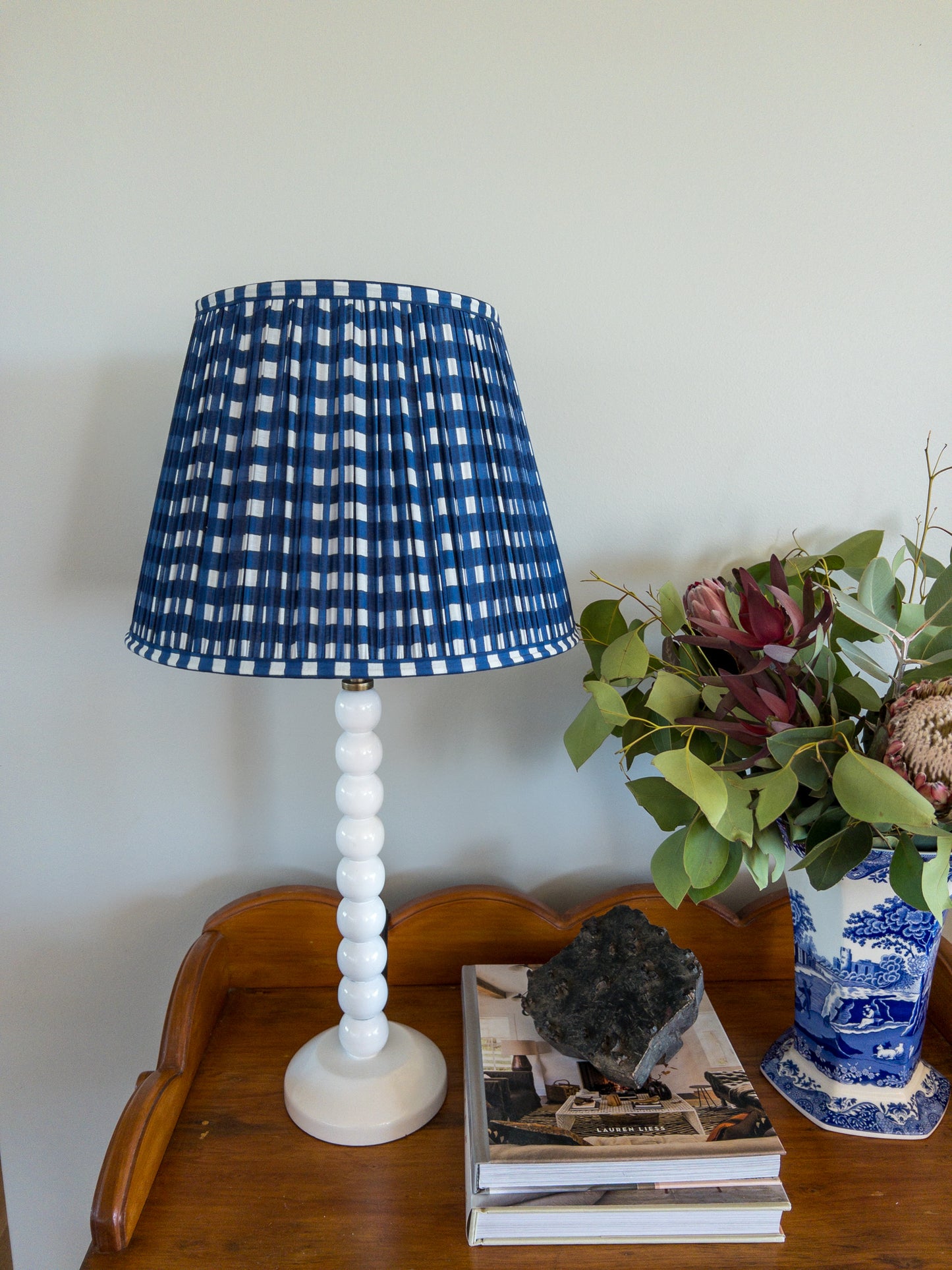 SALE Navy Gingham Block Printed Pleated Lampshade