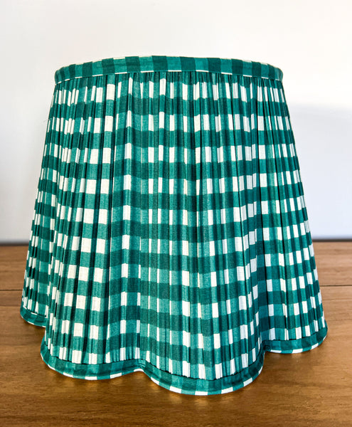 Green Gingham Block Printed Pleated Lampshade