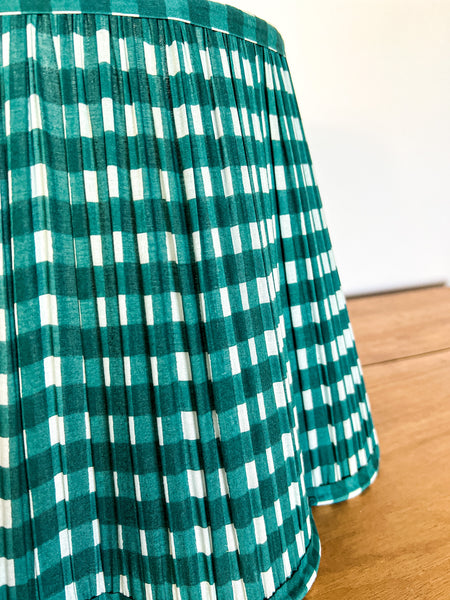 Green Gingham Block Printed Pleated Lampshade