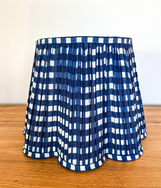 Navy Gingham Block Printed Pleated Lampshade