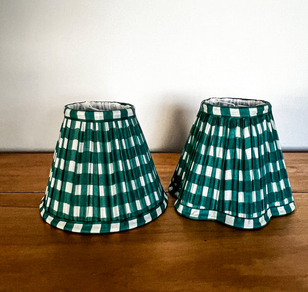 Green Gingham Block Printed Pleated Lampshade