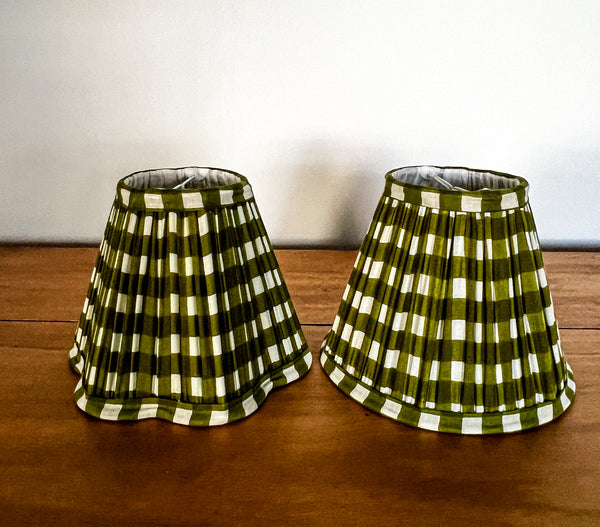 Olive Gingham Block Printed Pleated Lampshade