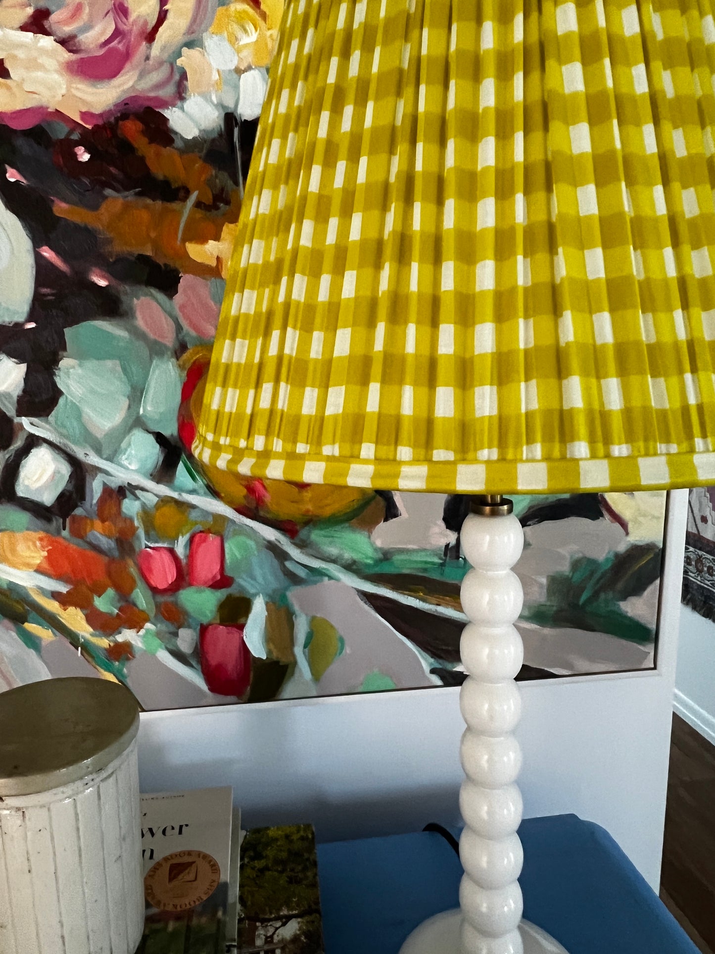 SALE Yellow Gingham Block Printed Pleated Lampshade